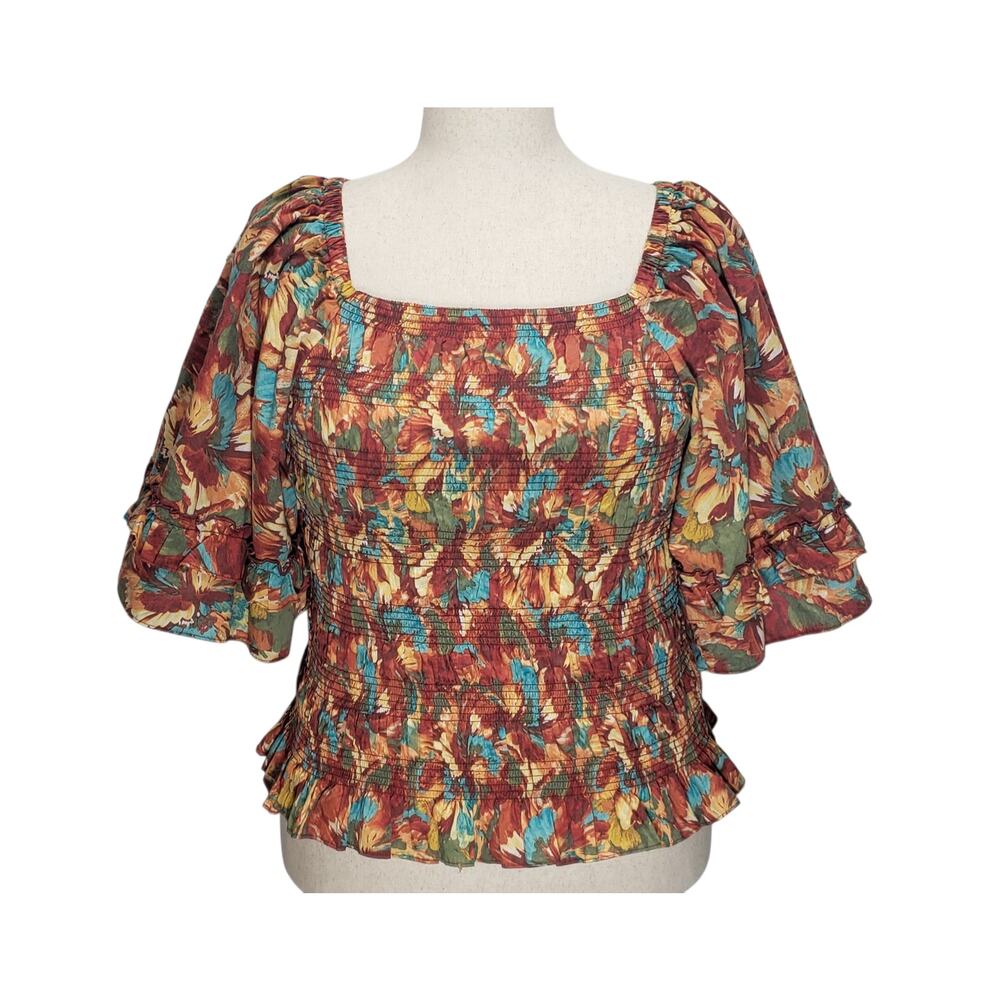 Cato 18/20W Floral Smocked Milkmaid Top Coquette Boho Romantic Cottagecore